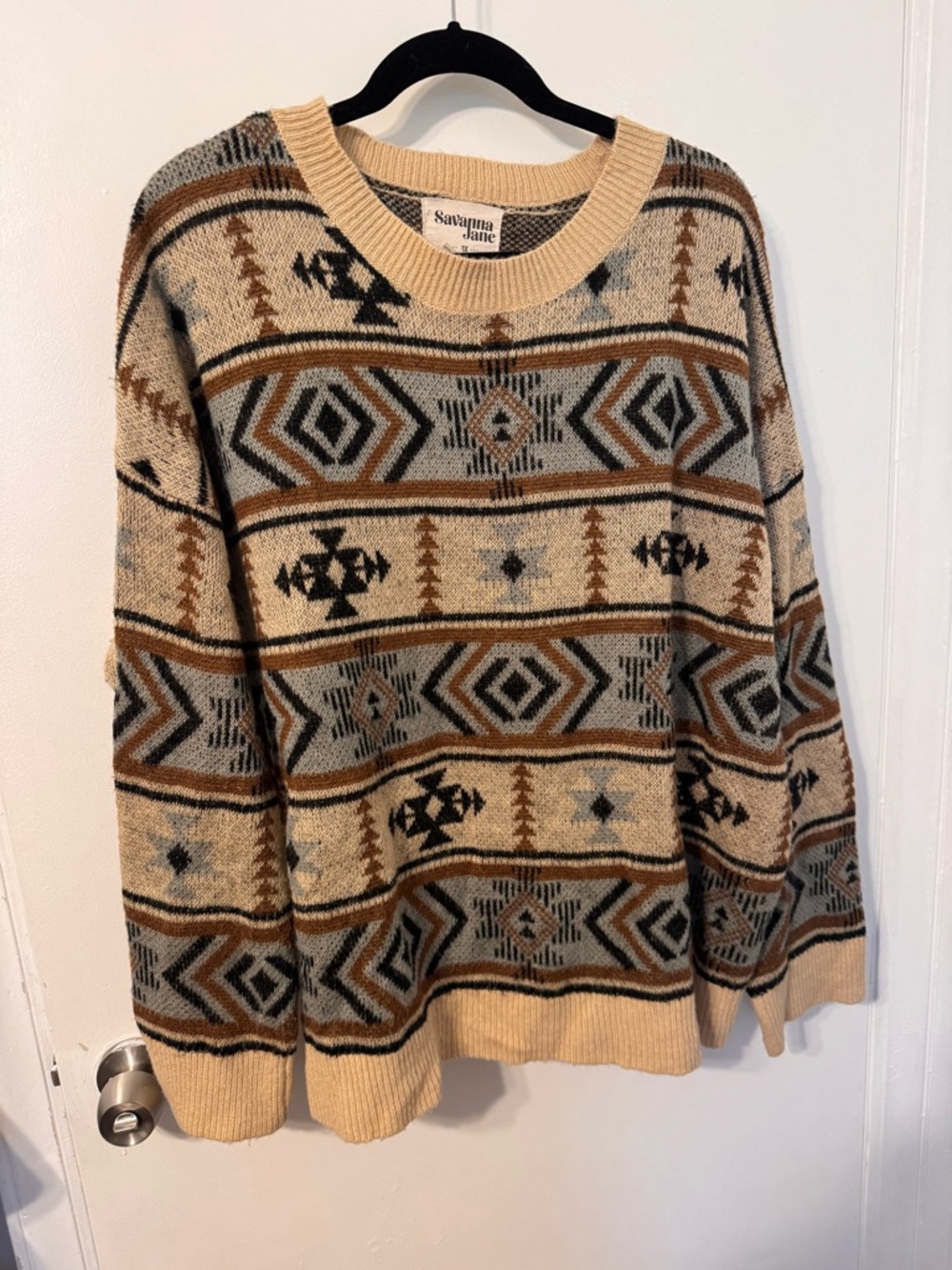 Savanna Jane women’s Cream, Tan & Gray Aztec Crewneck Sweater